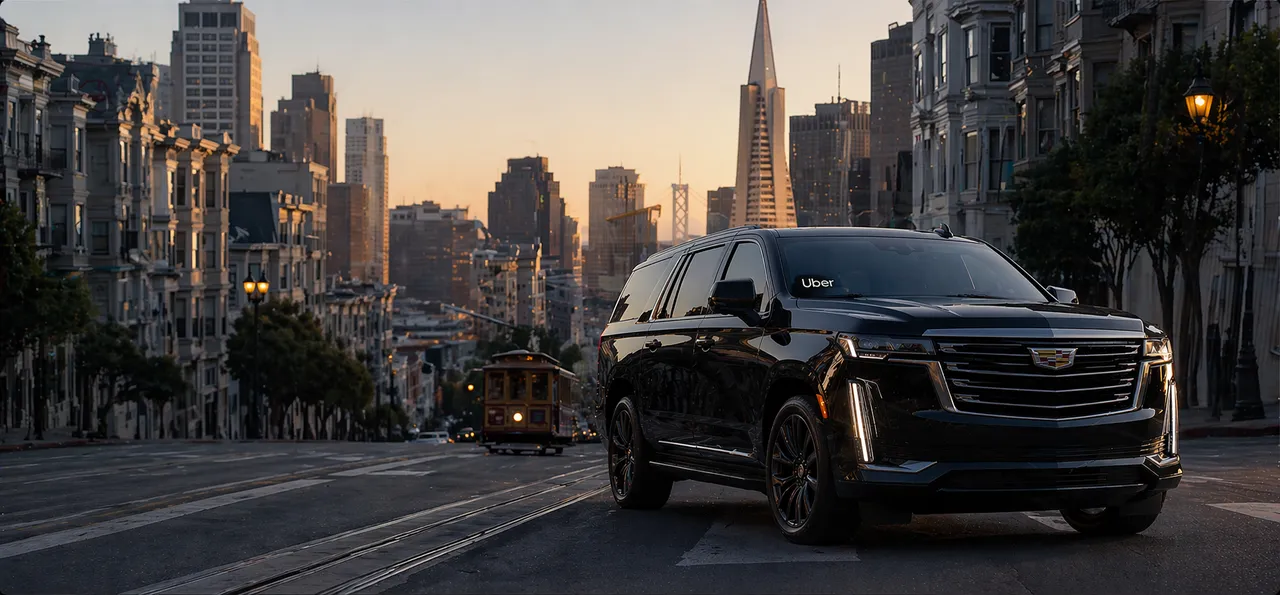 Black Cadillac Uber rideshare with a San Francisco cityscape backdrop — illustrating the Venue 412 transportation add-on.